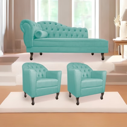 Kit Diva Recamier Juliana 140cm Lado Direito e 02 Poltronas Julia Suede Azul Tiffany - Amarena Móveis