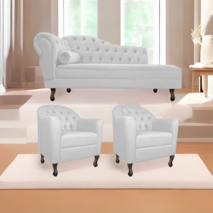 Kit Diva Recamier Juliana 140cm Lado Direito e 02 Poltronas Julia Suede Branco - Amarena Móveis