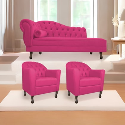 Kit Diva Recamier Juliana 140cm Lado Direito e 02 Poltronas Julia Suede Pink - Amarena Móveis