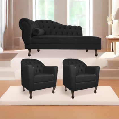 Kit Diva Recamier Juliana 140cm Lado Direito e 02 Poltronas Julia Suede Preto - Amarena Móveis
