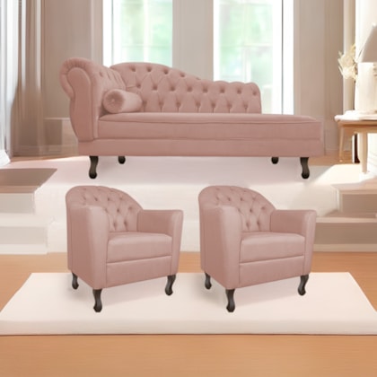 Kit Diva Recamier Juliana 140cm Lado Direito e 02 Poltronas Julia Suede Rosê - Amarena Móveis