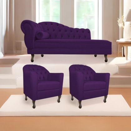 Kit Diva Recamier Juliana 140cm Lado Direito e 02 Poltronas Julia Suede Roxo - Amarena Móveis
