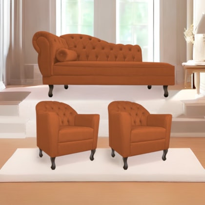 Kit Diva Recamier Juliana 140cm Lado Direito e 02 Poltronas Julia Suede Terracota - Amarena Móveis