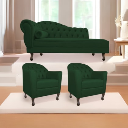 Kit Diva Recamier Juliana 140cm Lado Direito e 02 Poltronas Julia Suede Verde - Amarena Móveis