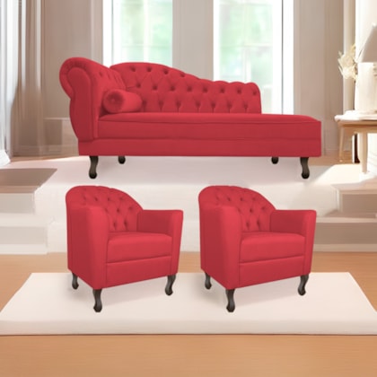 Kit Diva Recamier Juliana 140cm Lado Direito e 02 Poltronas Julia Suede Vermelho - Amarena Móveis