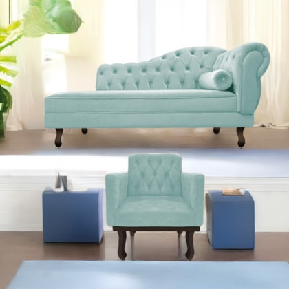 Kit Diva Recamier Juliana 140cm Lado Esquerdo e 01 Poltrona Classic Suede Azul Ciano - Amarena Móveis