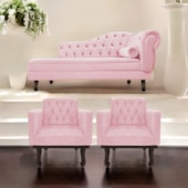 Kit Diva Recamier Juliana 140cm Lado Esquerdo e 02 Poltronas Classic Suede Rosa Bebê - Amarena Móveis