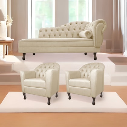 Kit Diva Recamier Juliana 140cm Lado Esquerdo e 02 Poltronas Julia Corano Bege - Amarena Móveis
