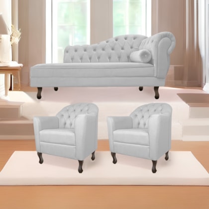 Kit Diva Recamier Juliana 140cm Lado Esquerdo e 02 Poltronas Julia Corano Branco - Amarena Móveis