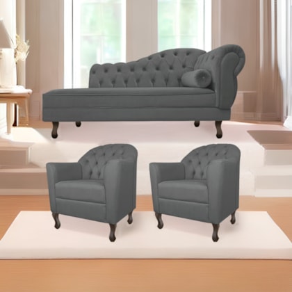 Kit Diva Recamier Juliana 140cm Lado Esquerdo e 02 Poltronas Julia Corano Cinza - Amarena Móveis