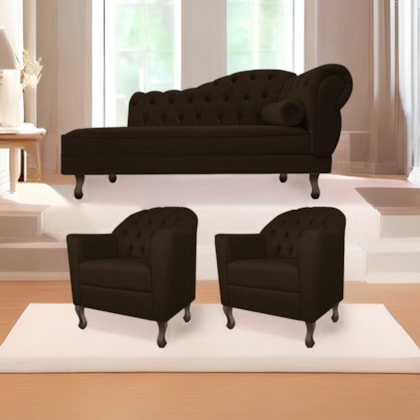 Kit Diva Recamier Juliana 140cm Lado Esquerdo e 02 Poltronas Julia Corano Marrom - Amarena Móveis