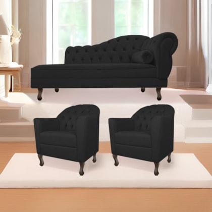 Kit Diva Recamier Juliana 140cm Lado Esquerdo e 02 Poltronas Julia Corano Preto - Amarena Móveis