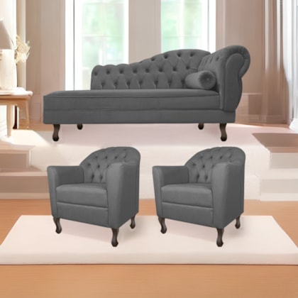 Kit Diva Recamier Juliana 140cm Lado Esquerdo e 02 Poltronas Julia Linho Cinza Escuro - Amarena Móveis