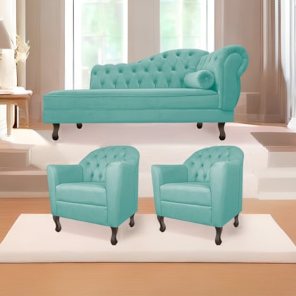 Kit Diva Recamier Juliana 140cm Lado Esquerdo e 02 Poltronas Julia Suede Azul Ciano - Amarena Móveis