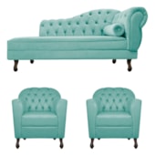 Kit Diva Recamier Juliana 140cm Lado Esquerdo e 02 Poltronas Julia Suede Azul Tiffany - Amarena Móveis