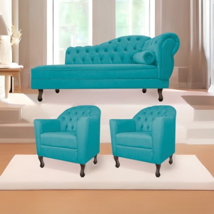 Kit Diva Recamier Juliana 140cm Lado Esquerdo e 02 Poltronas Julia Suede Azul Turquesa - Amarena Móveis