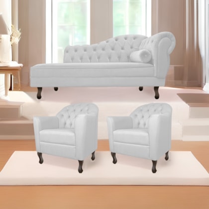 Kit Diva Recamier Juliana 140cm Lado Esquerdo e 02 Poltronas Julia Suede Branco - Amarena Móveis