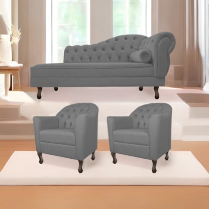 Kit Diva Recamier Juliana 140cm Lado Esquerdo e 02 Poltronas Julia Suede Cinza - Amarena Móveis