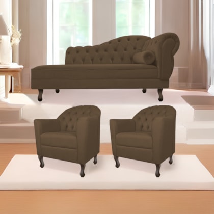 Kit Diva Recamier Juliana 140cm Lado Esquerdo e 02 Poltronas Julia Suede Marrom - Amarena Móveis