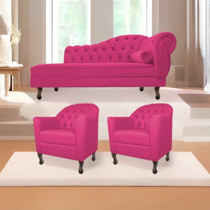 Kit Diva Recamier Juliana 140cm Lado Esquerdo e 02 Poltronas Julia Suede Pink - Amarena Móveis