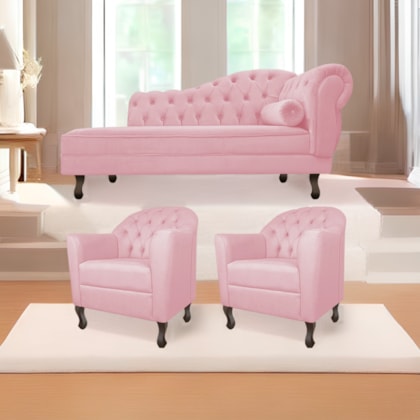 Kit Diva Recamier Juliana 140cm Lado Esquerdo e 02 Poltronas Julia Suede Rosa bebê - Amarena Móveis