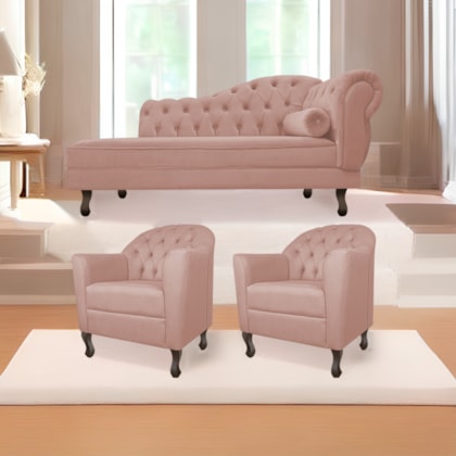 Kit Diva Recamier Juliana 140cm Lado Esquerdo e 02 Poltronas Julia Suede Rosê - Amarena Móveis