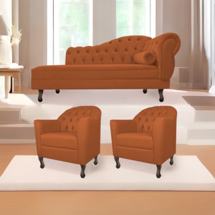 Kit Diva Recamier Juliana 140cm Lado Esquerdo e 02 Poltronas Julia Suede Terracota - Amarena Móveis
