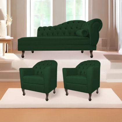 Kit Diva Recamier Juliana 140cm Lado Esquerdo e 02 Poltronas Julia Suede Verde - Amarena Móveis