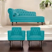 Kit Diva Recamier Juliana 160cm Lado Direito e 02 Poltronas Classic Suede Azul Turquesa - Amarena Móveis
