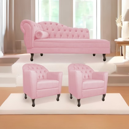 Kit Diva Recamier Juliana 160cm Lado Direito e 02 Poltronas Julia Suede Rosa bebê - Amarena Móveis