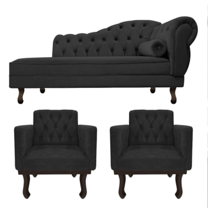 Kit Diva Recamier Juliana 160cm Lado Esquerdo e 02 Poltronas Classic Linho Cinza Escuro - Amarena Móveis