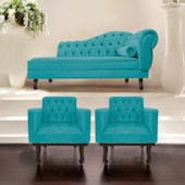 Kit Diva Recamier Juliana 160cm Lado Esquerdo e 02 Poltronas Classic Suede Azul Turquesa - Amarena Móveis