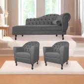 Kit Diva Recamier Juliana 160cm Lado Esquerdo e 02 Poltronas Julia Linho Cinza Escuro - Amarena Móveis