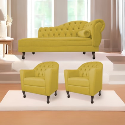 Kit Diva Recamier Juliana 160cm Lado Esquerdo e 02 Poltronas Julia Suede Amarelo - Amarena Móveis