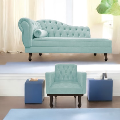 Kit Diva Recamier Juliana 185cm Lado Direito e 01 Poltrona Classic Suede Azul Ciano - Amarena Móveis