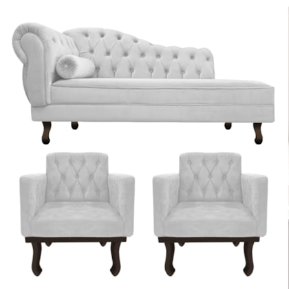 Kit Diva Recamier Juliana 185cm Lado Direito e 02 Poltronas Classic Suede Branco - Amarena Móveis