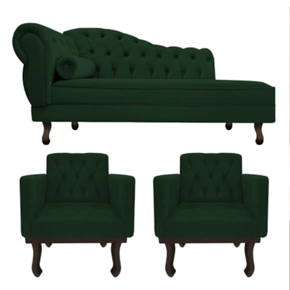 Kit Diva Recamier Juliana 185cm Lado Direito e 02 Poltronas Classic Suede Verde - Amarena Móveis