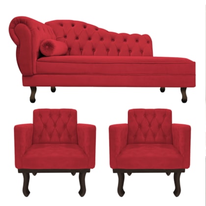 Kit Diva Recamier Juliana 185cm Lado Direito e 02 Poltronas Classic Suede Vermelho - Amarena Móveis