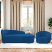 Kit Divã Recamier Orgânico França 140cm Lado Direito e Poltrona Amore Linho Azul Royal