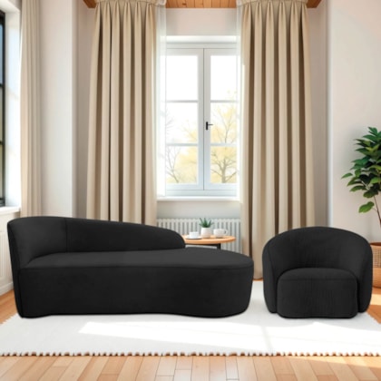 Kit Divã Recamier Orgânico França 140cm Lado Direito e Poltrona Amore Linho Preto