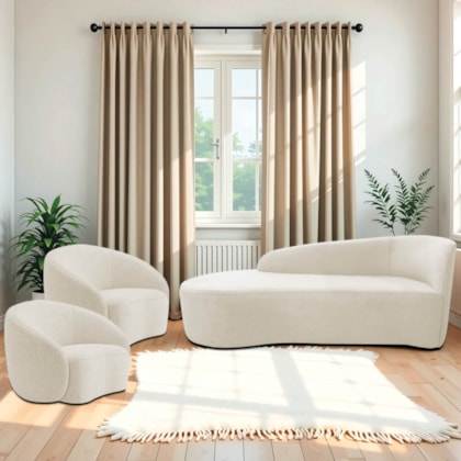 Kit Divã Recamier Orgânico França 140cm Lado Esquerdo e 2 Poltronas Amore Bouclé Bege