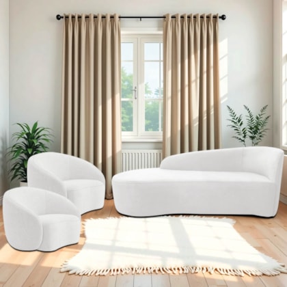 Kit Divã Recamier Orgânico França 140cm Lado Esquerdo e 2 Poltronas Amore Bouclé Branco