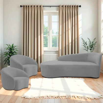 Kit Divã Recamier Orgânico França 140cm Lado Esquerdo e 2 Poltronas Amore Bouclé Cinza