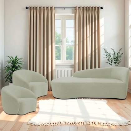 Kit Divã Recamier Orgânico França 140cm Lado Esquerdo e 2 Poltronas Amore Bouclé Verde Oliva