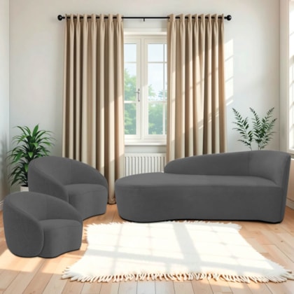 Kit Divã Recamier Orgânico França 140cm Lado Esquerdo e 2 Poltronas Amore Linho Cinza Escuro