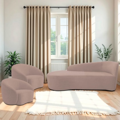 Kit Divã Recamier Orgânico França 140cm Lado Esquerdo e 2 Poltronas Amore Linho Rosê