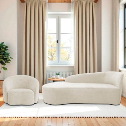 Kit Divã Recamier Orgânico França 140cm Lado Esquerdo e Poltrona Amore Bouclé Bege