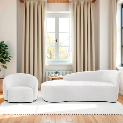 Kit Divã Recamier Orgânico França 140cm Lado Esquerdo e Poltrona Amore Bouclé Branco
