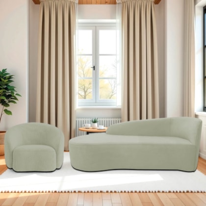 Kit Divã Recamier Orgânico França 140cm Lado Esquerdo e Poltrona Amore Bouclé Verde Oliva
