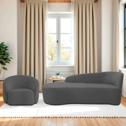 Kit Divã Recamier Orgânico França 140cm Lado Esquerdo e Poltrona Amore Linho Cinza Escuro